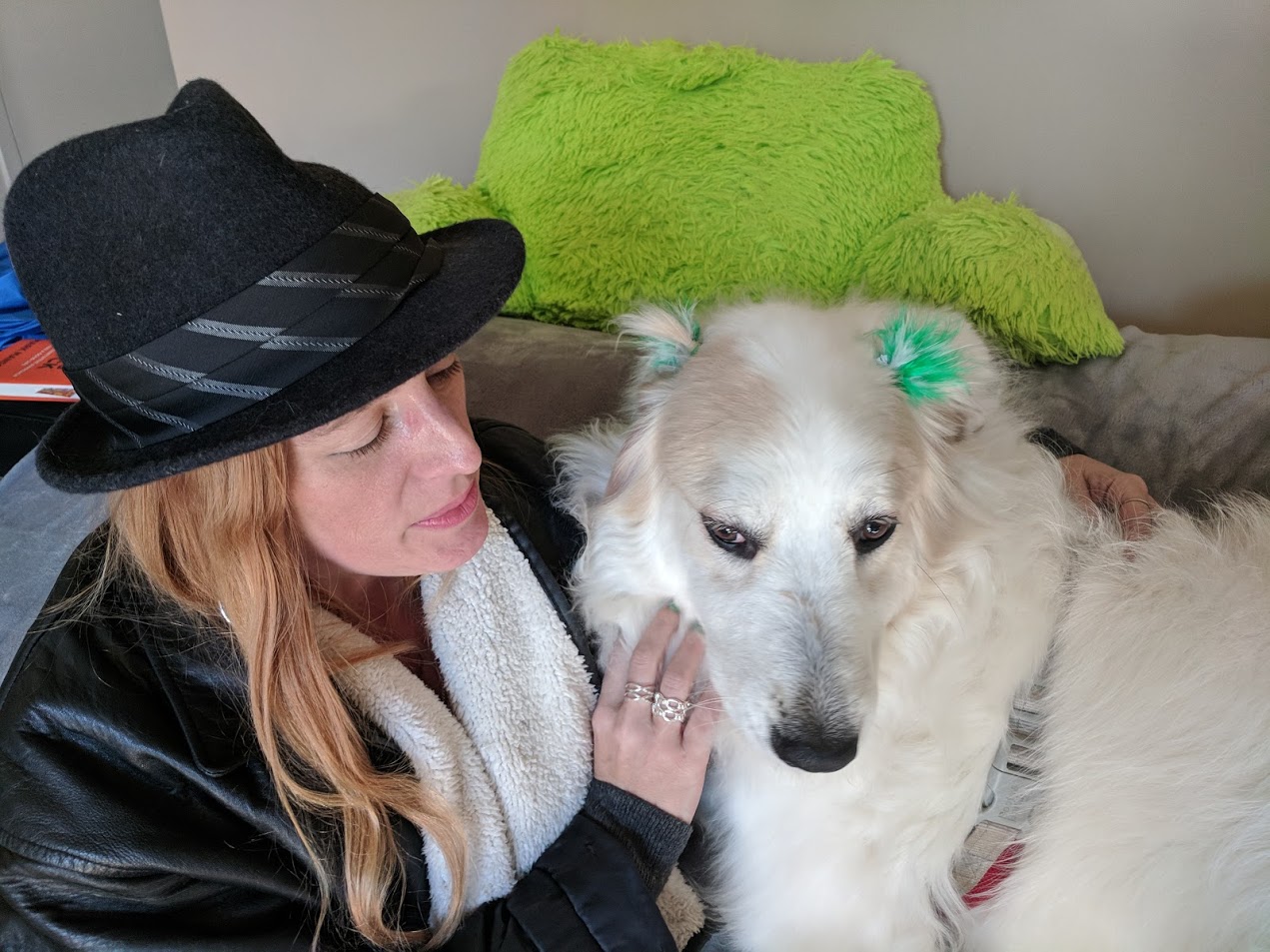 The fourth picture of my two divas. Here they are after Luna was groomed. The groomer put little green tufts put on her ears. So cute!